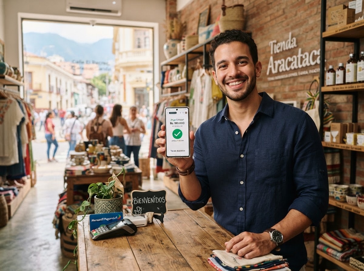 Comerciante mostrando un pago aprobado en su teléfono